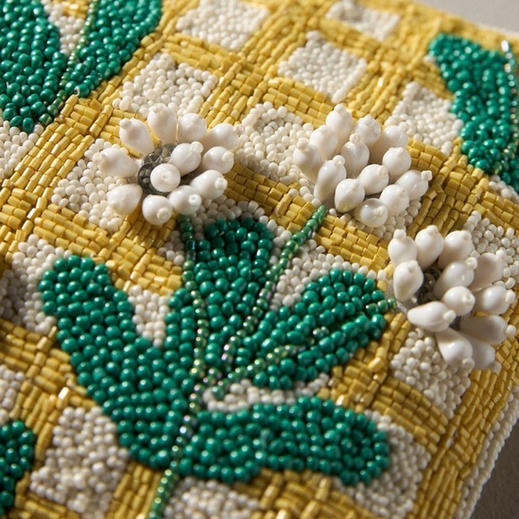 Anthropologie Fiona Large Beaded Pouch Yellow Lattice Floral Top Zipper Closure - Picture 4 of 12